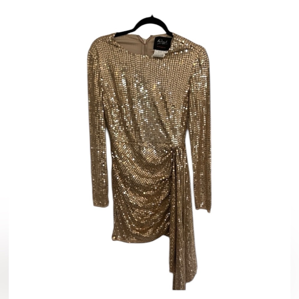 NWT Mac Duggal gold mini sequin longsleeve dress size 4